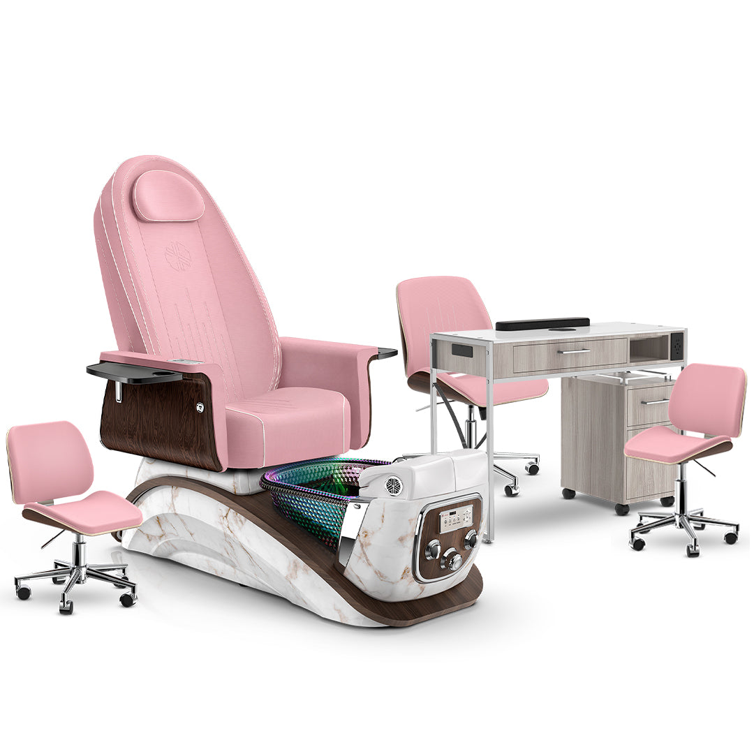 Ice Pink-White Moonstone-Hazel Lexor Mystique Pedicure Chair and Matching Nail Table Set