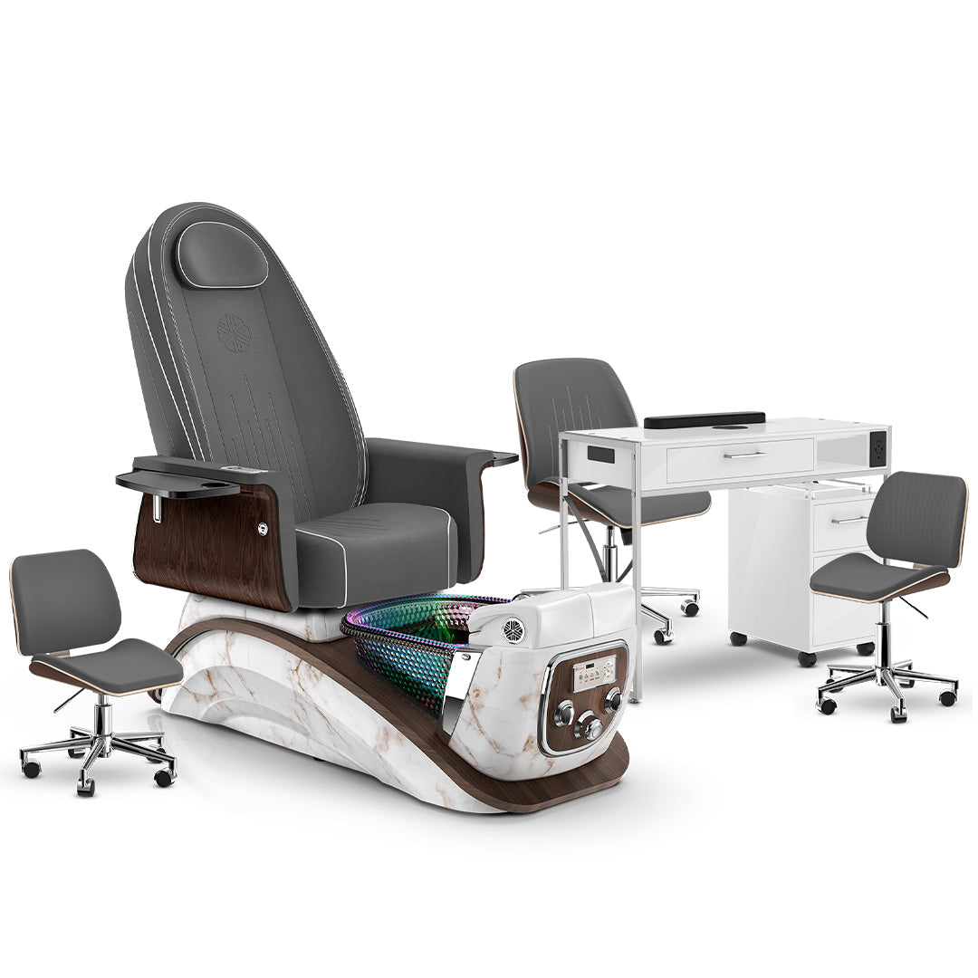 Graphite-White Moonstone-White Lexor Mystique Pedicure Chair and Matching Nail Table Set