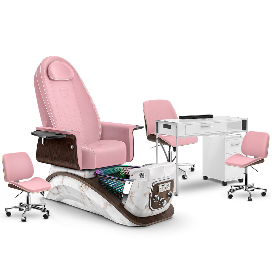 Ice Pink-White Moonstone-White Lexor Mystique Pedicure Chair and Matching Nail Table Set