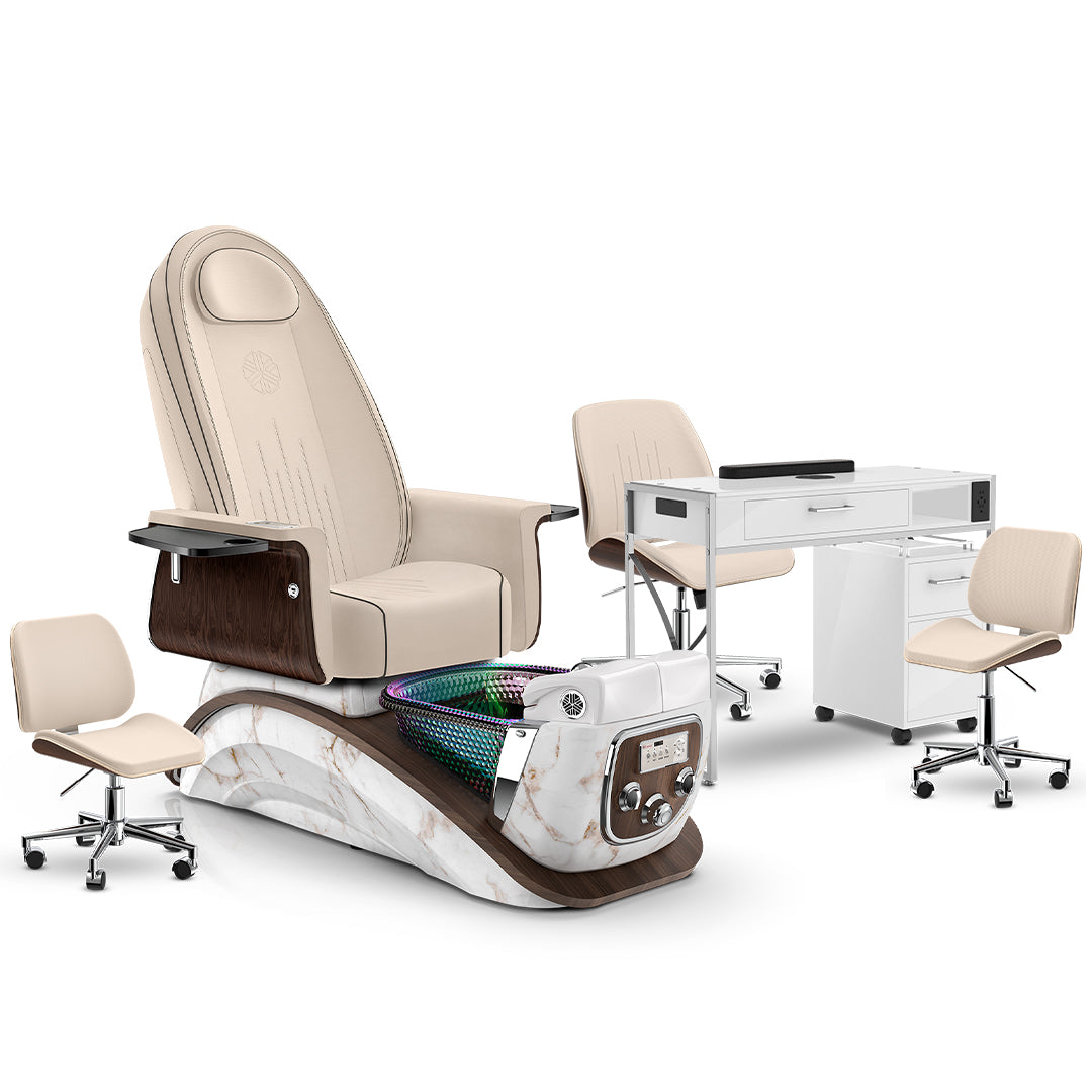 Ivory-White Moonstone-White Lexor Mystique Pedicure Chair and Matching Nail Table Set