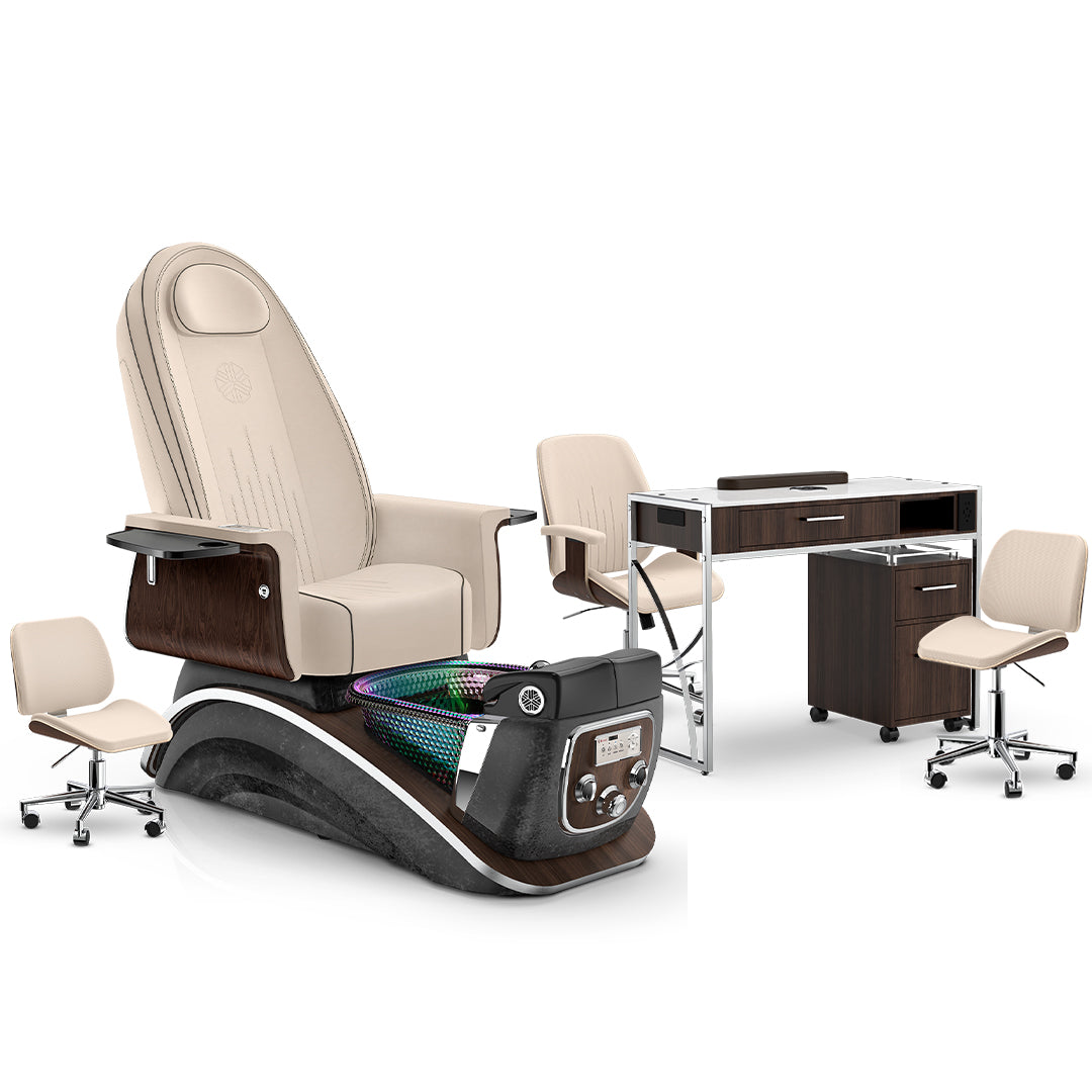 Ivory-Black Moonstone-Dark Walnut Lexor Mystique Pedicure Chair and Matching Nail Table Set