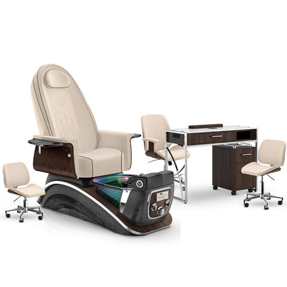 Ivory-Black Moonstone-Dark Walnut Lexor Mystique Pedicure Chair and Matching Nail Table Set