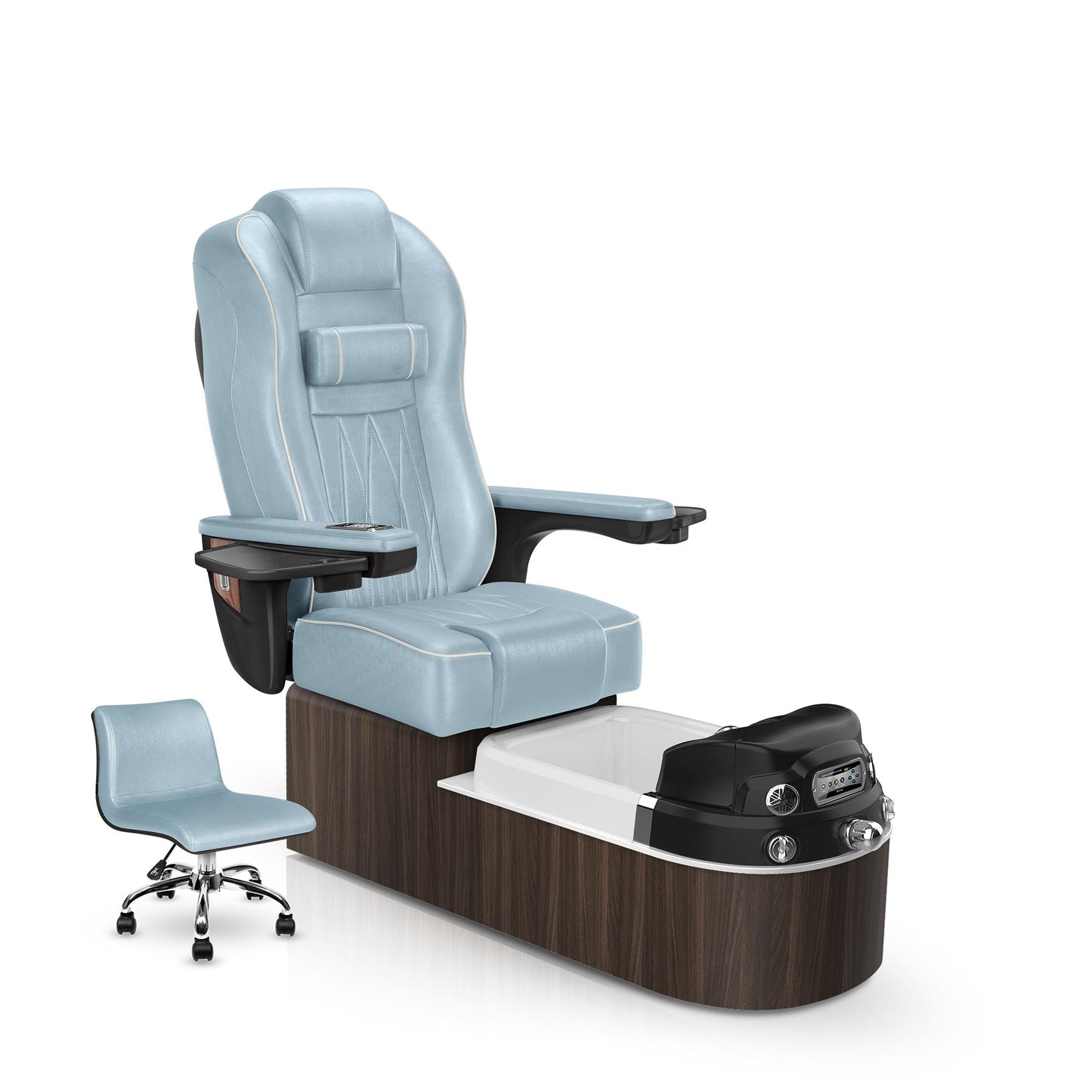 Lexor Envision pedicure chair glacier blue cushion and dark walnut base