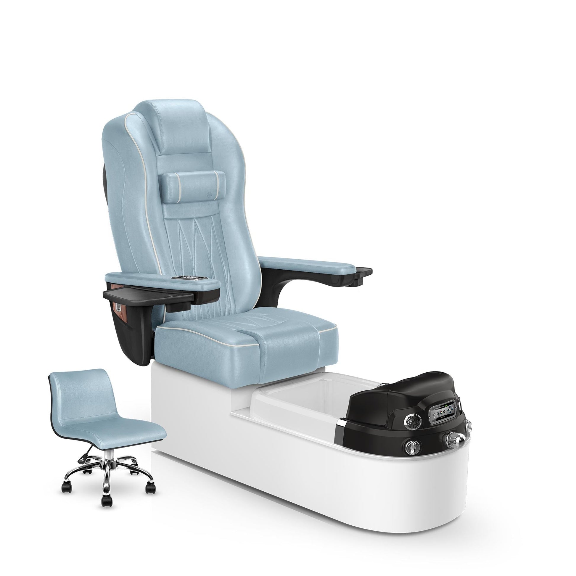 Lexor Envision pedicure chair glacier blue cushion and white pearl base
