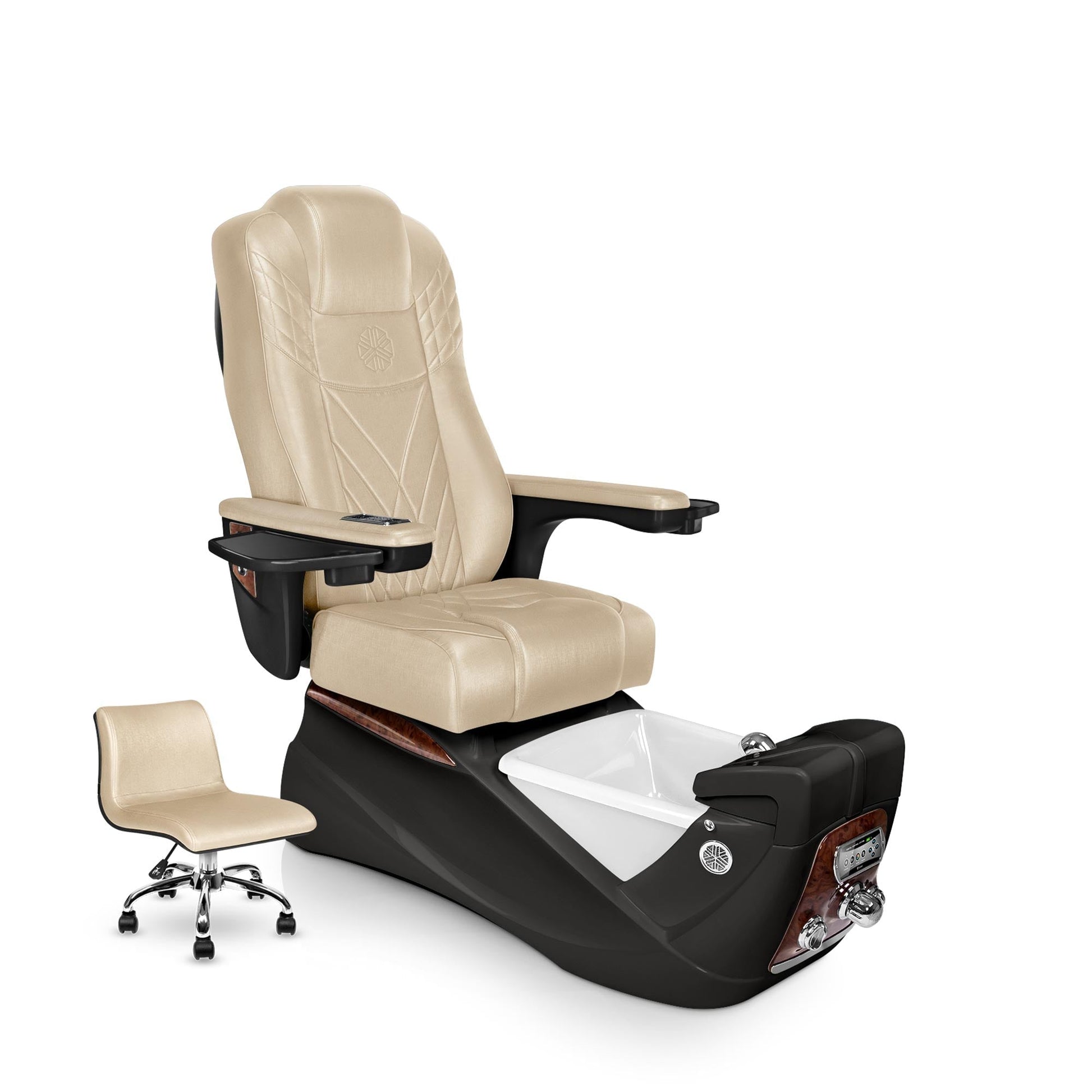 Lexor INFINITY pedicure chair with glazed gold cushion and espresso spa base