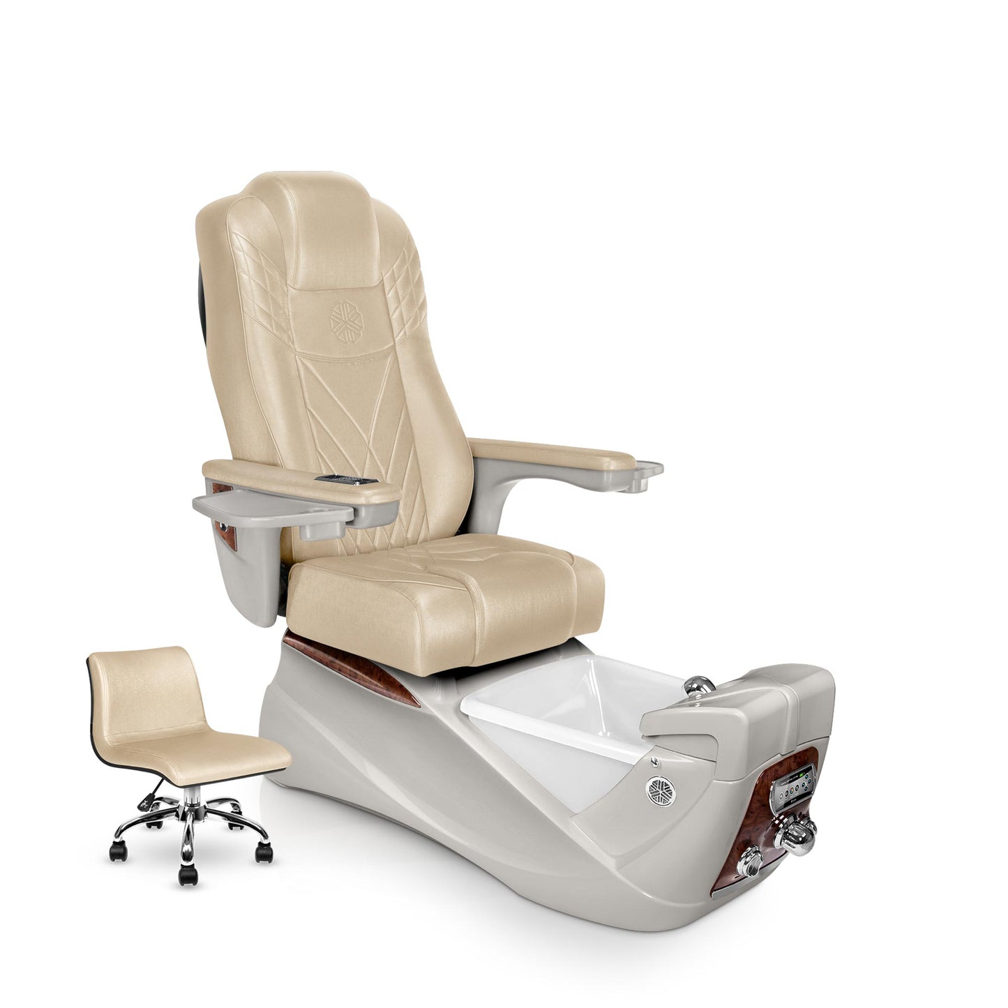 Lexor INFINITY pedicure chair with glazed gold cushion and sandstone spa base