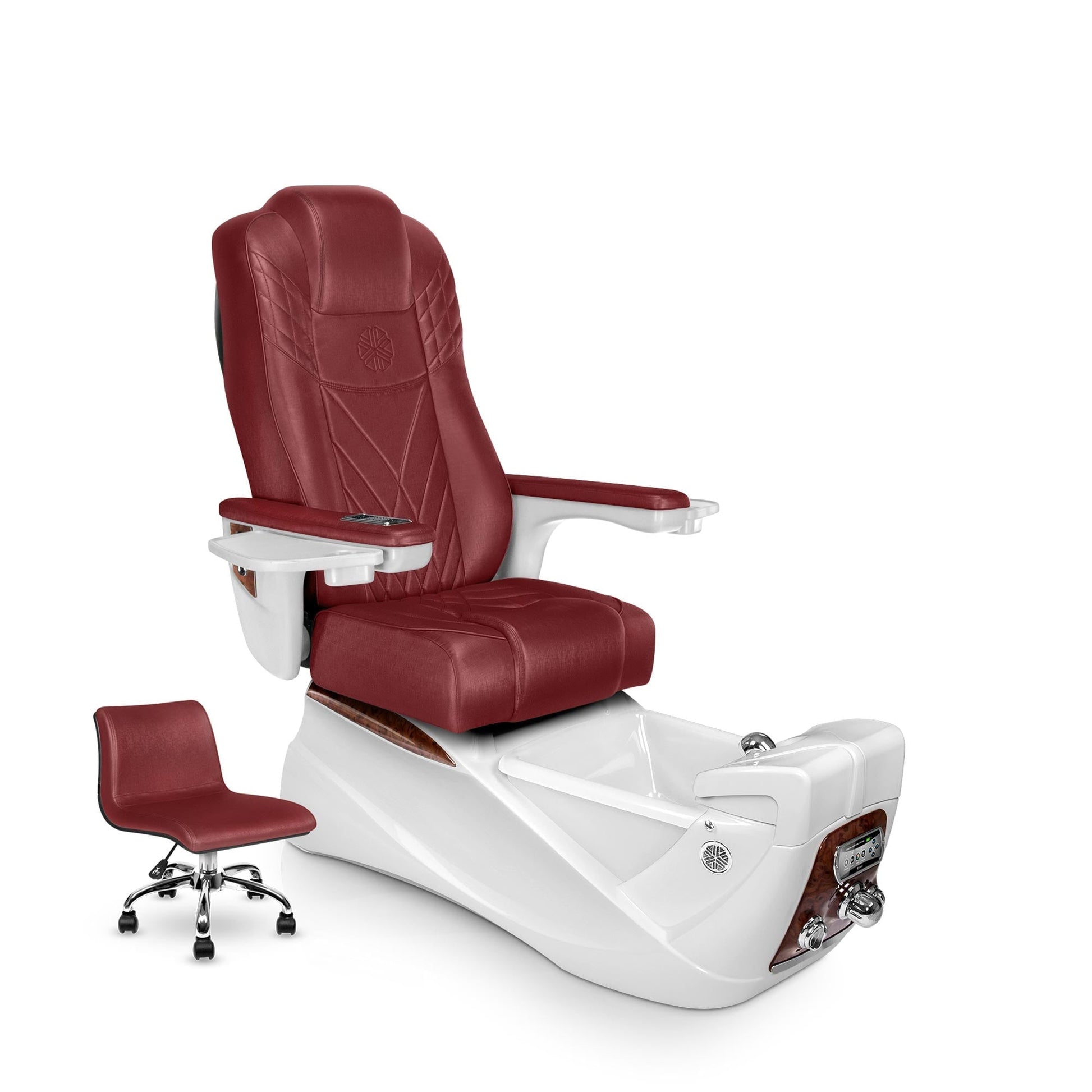 Lexor INFINITY pedicure chair with ruby cushion and white pearl spa base