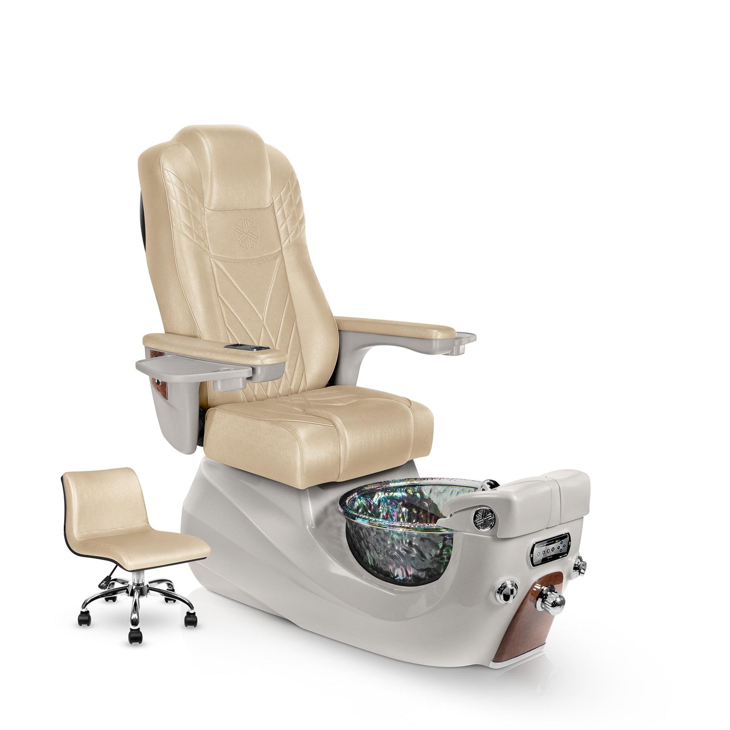 Lexor LIBERTÉ pedicure chair with glazed gold cushion and sandstone spa base