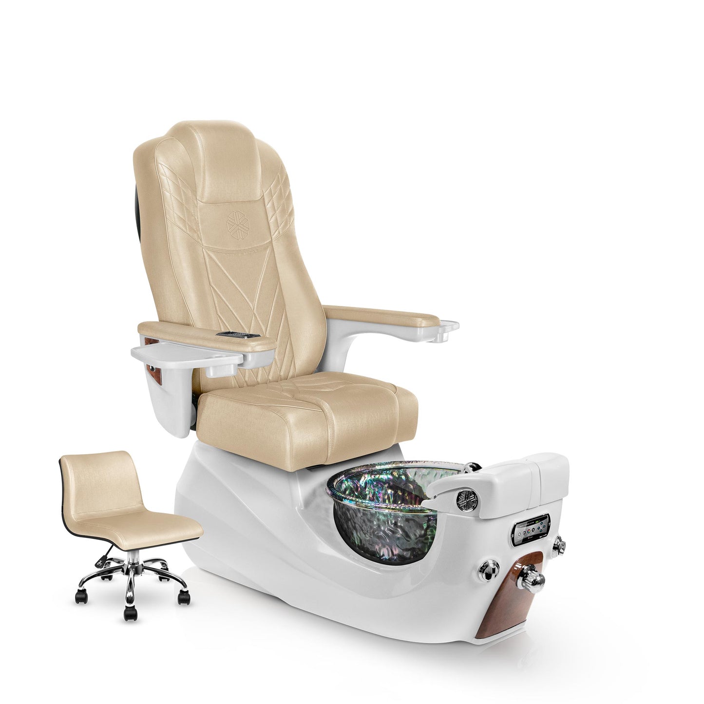 Lexor LIBERTÉ pedicure chair with glazed gold cushion and white pearl spa base