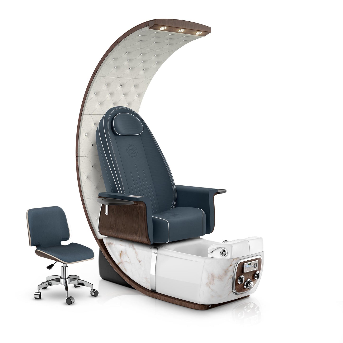 Lexor PRIVÉ Lounge pedicure chair with midnight cushion and white moonstone spa base