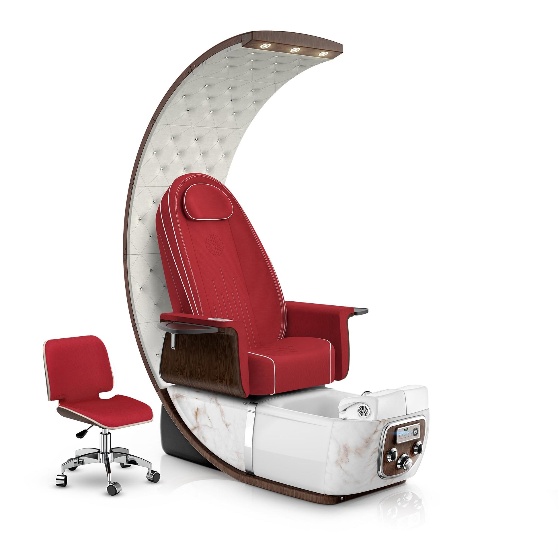 Lexor PRIVÉ Lounge pedicure chair with scarlet cushion and white moonstone spa base